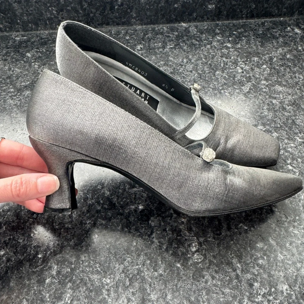 Vintage Stuart Weitzman Silver Evening Mary Jane Pumps Jeweled Accent Womens 6.5